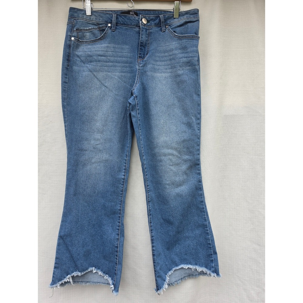 1822 Denim Crop Flare Jeans Women 16 Medium Blue Raw Tulip Hem Stretch Cotton